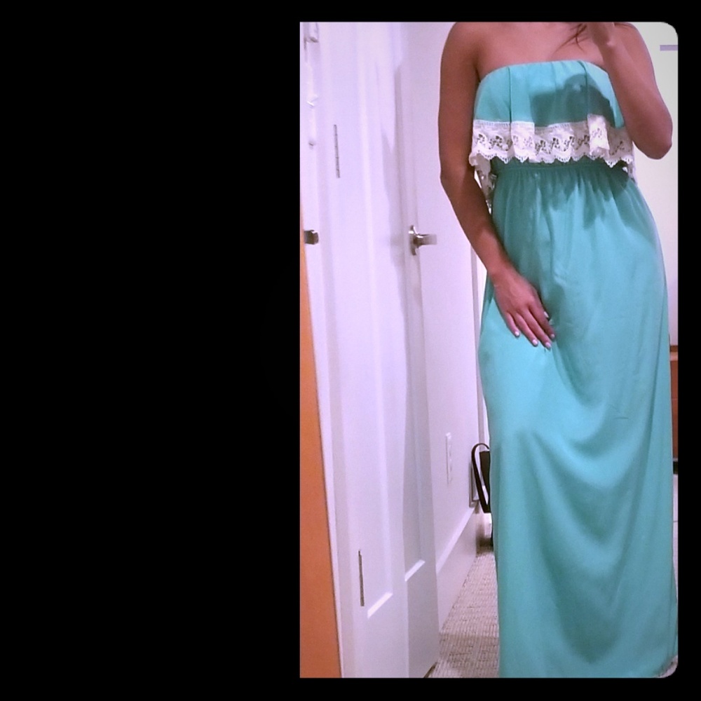 Banded tube top long dress with lace drape
